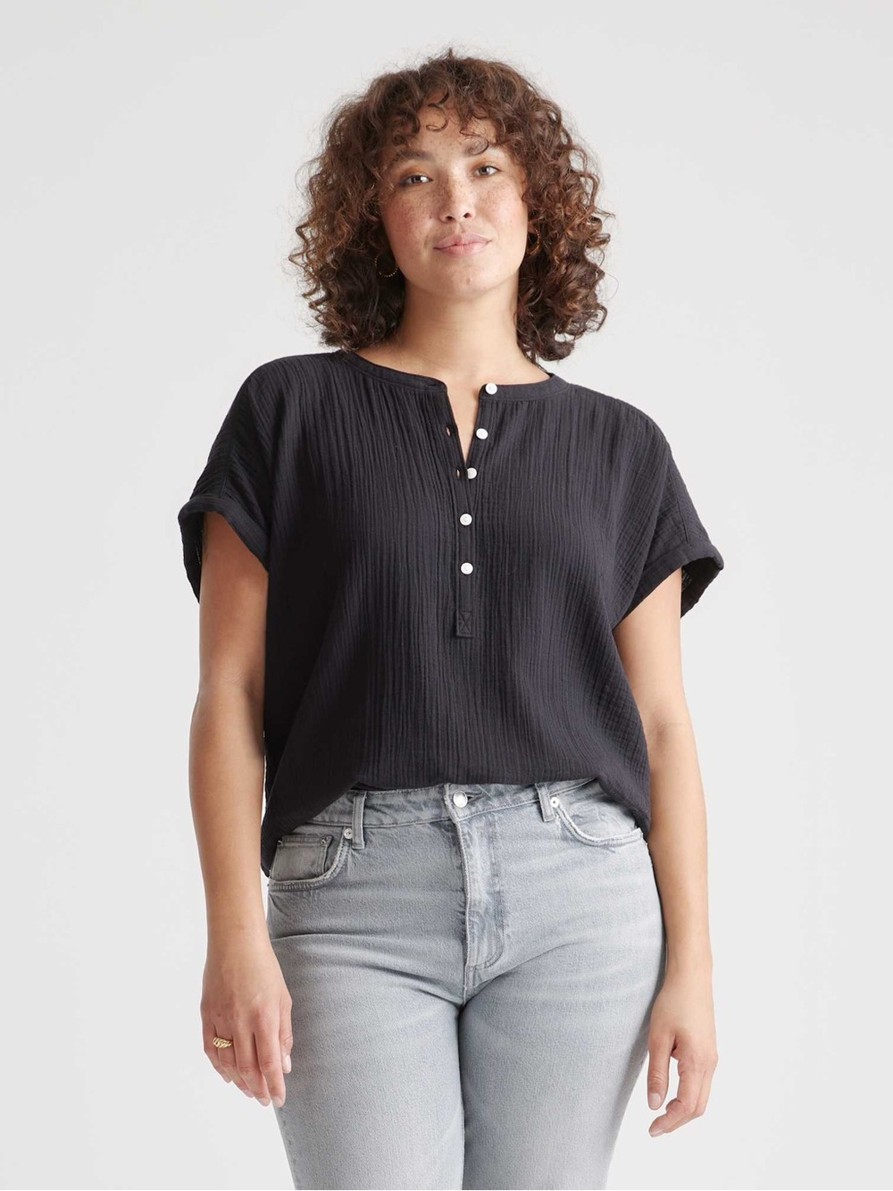 Quince 100% Organic Cotton Gauze Roll Sleeve Shirt Black XL